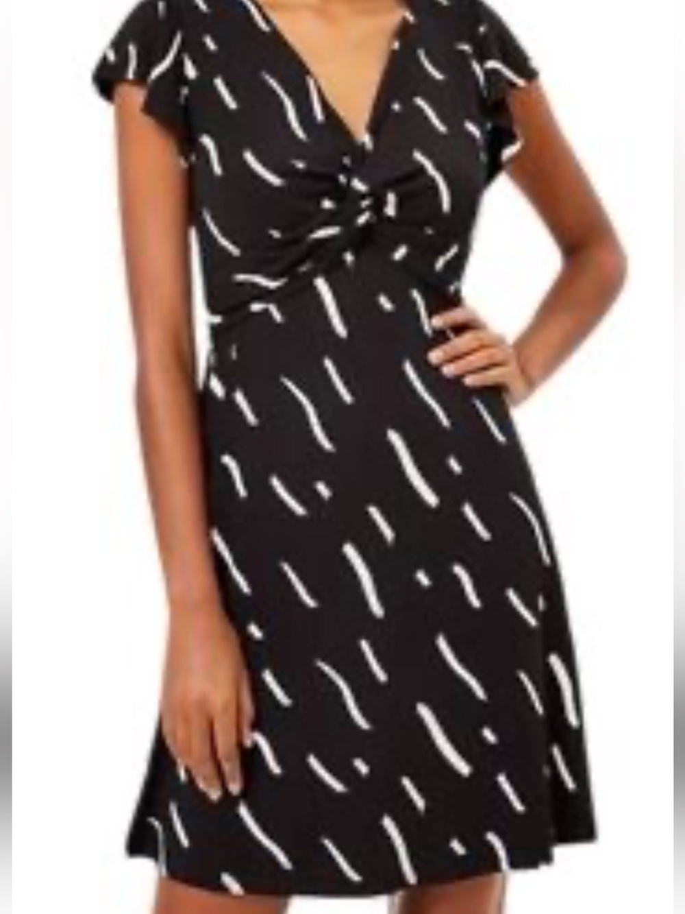 LOFT Black Knotted Swing Dress with White Abstract Brushstroke Print